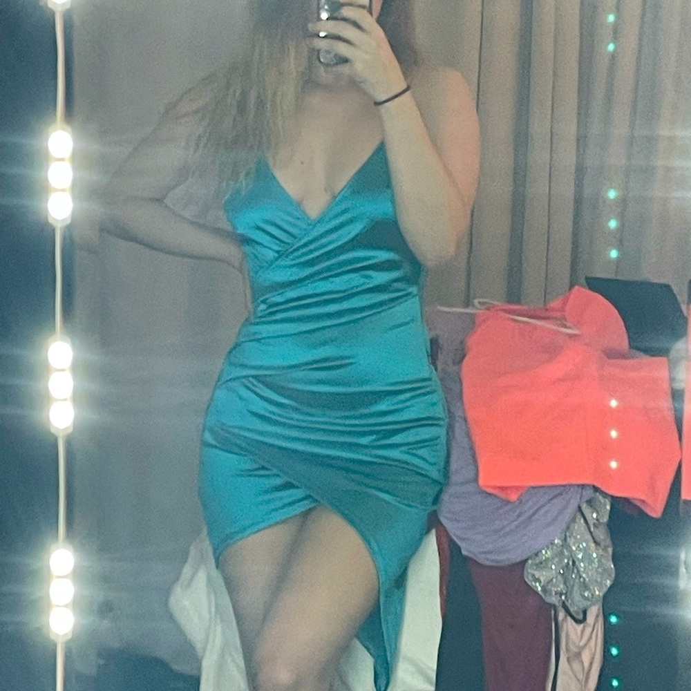Blue satin lacey back zip up dress; Asymmetrical